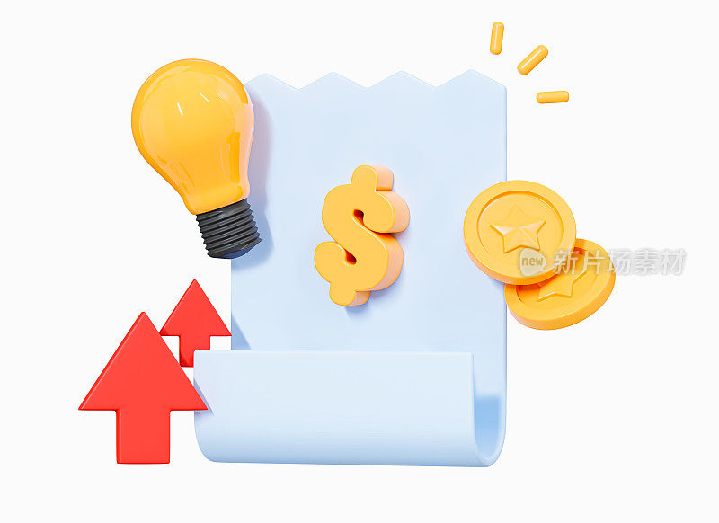 3D Rising electricity bill. Payment for utilities. Paper document with dollar coin and lightbulb. High inflation concept. Cartoon creative design icon isolated on white background. 3D Rendering